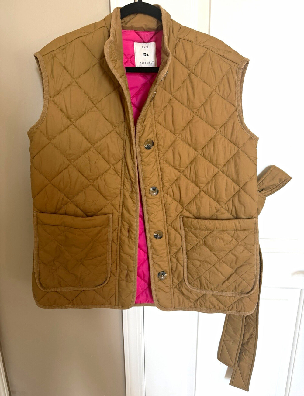 Free Assembly Women's Tan Quilted Vest Pink Lined Button Front Belted Pockets S